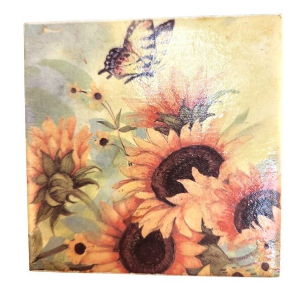 Sunflower & Butterfly Decorative Ceramic Coasters With Cork Backing 4.25 x 4.25 - Picture 3 of 8